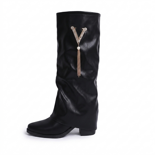 BLACK SLOUCHY MID CALF BOOTS