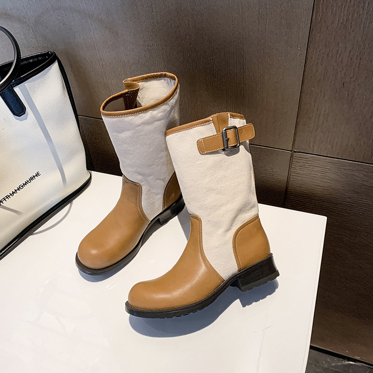 TWO-TONE PANELLED MID-CALF BOOTS