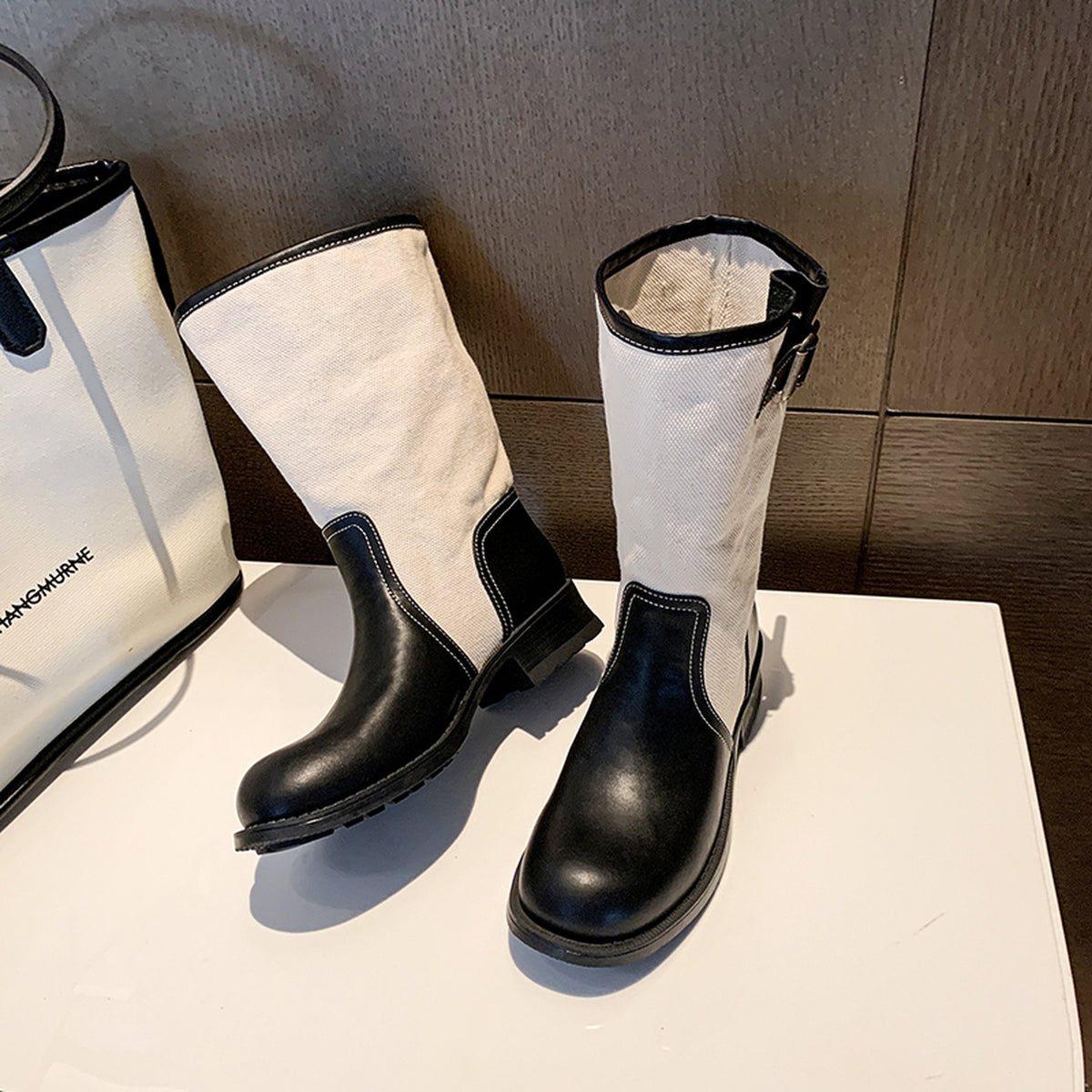 TWO-TONE PANELLED MID-CALF BOOTS