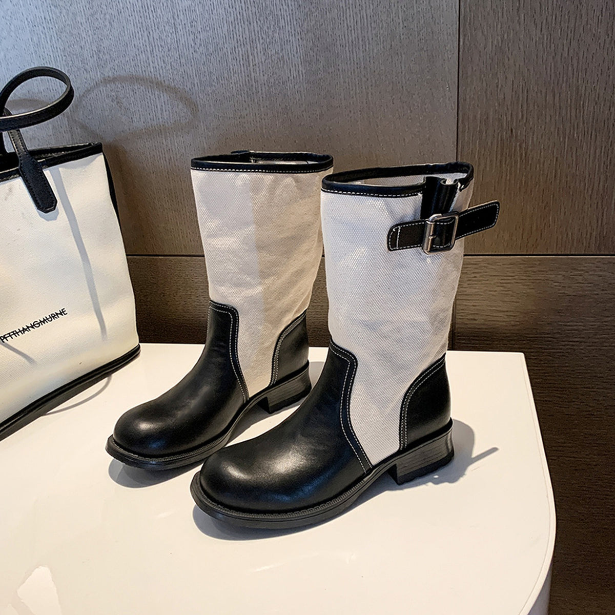 TWO-TONE PANELLED MID-CALF BOOTS