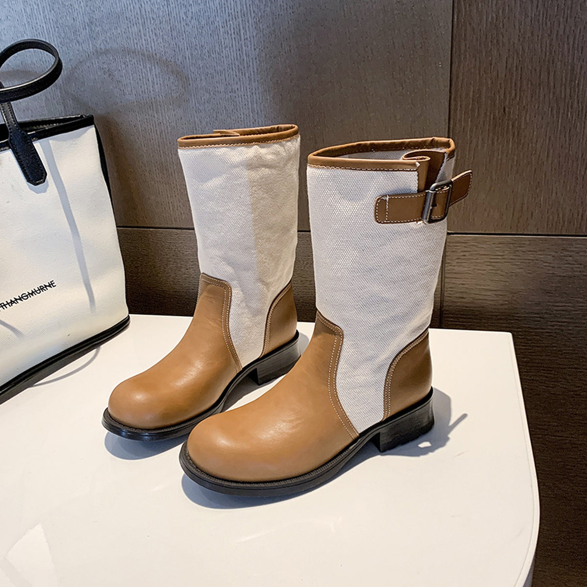 TWO-TONE PANELLED MID-CALF BOOTS