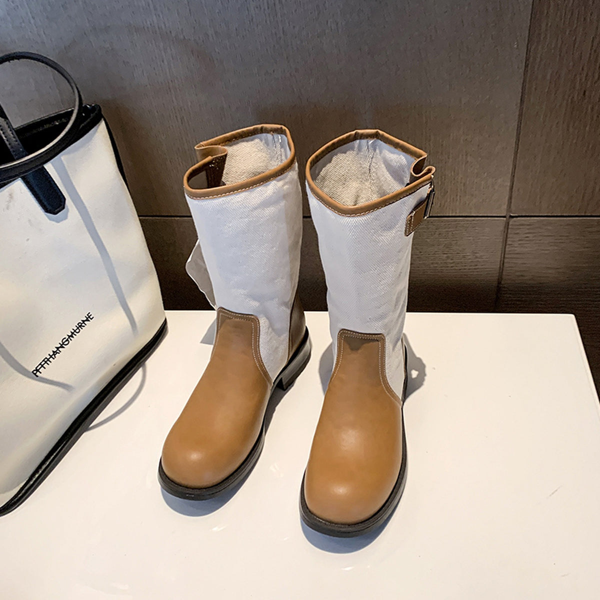 TWO-TONE PANELLED MID-CALF BOOTS