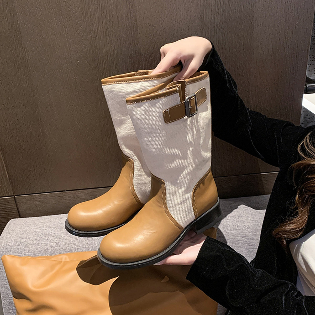 TWO-TONE PANELLED MID-CALF BOOTS