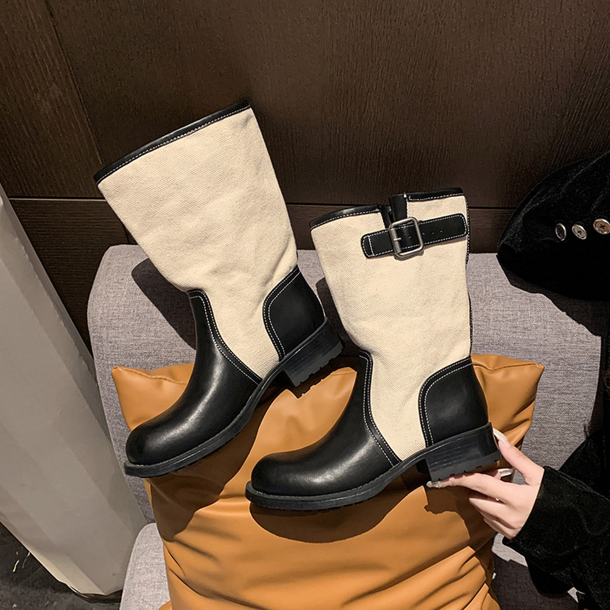 TWO-TONE PANELLED MID-CALF BOOTS