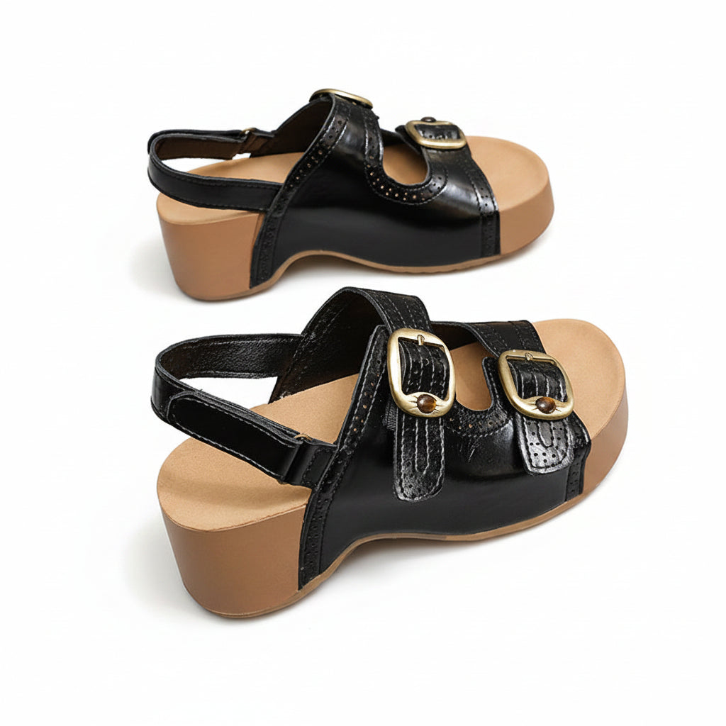 VINTAGE STYLE BUCKLED PLATFORM SANDALS