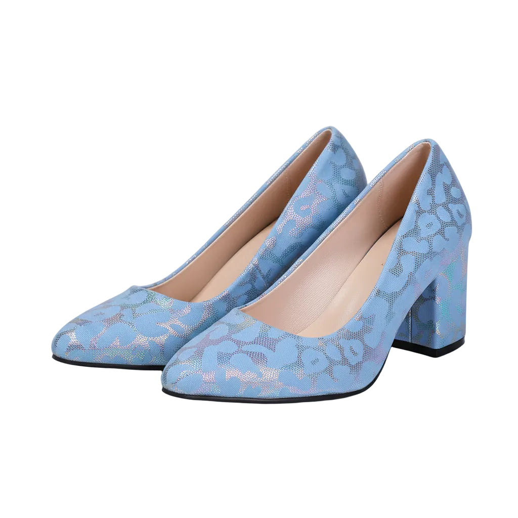 IRIDESCENT FLORAL BLOCK HEEL COURT SHOES