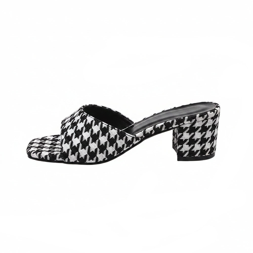 HOUNDSTOOTH SQUARE TOE BLOCK HEEL SANDALS
