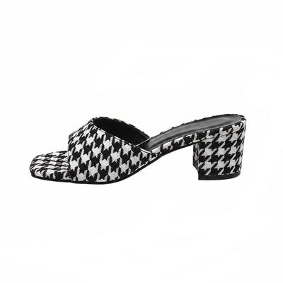 Women's Houndstooth Square Toe Block Heel Mules