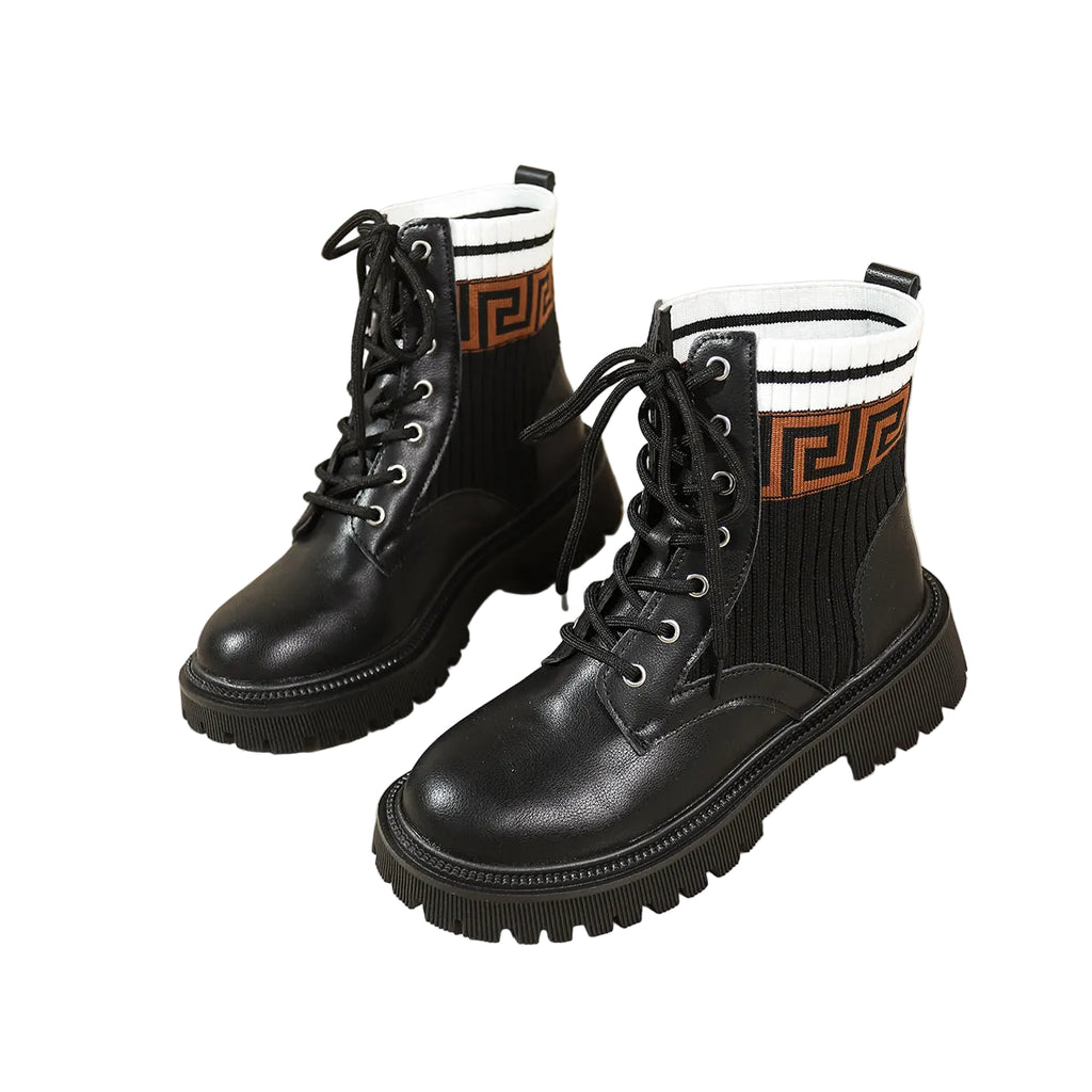 KNIT-TRIM LACE-UP BOOTS