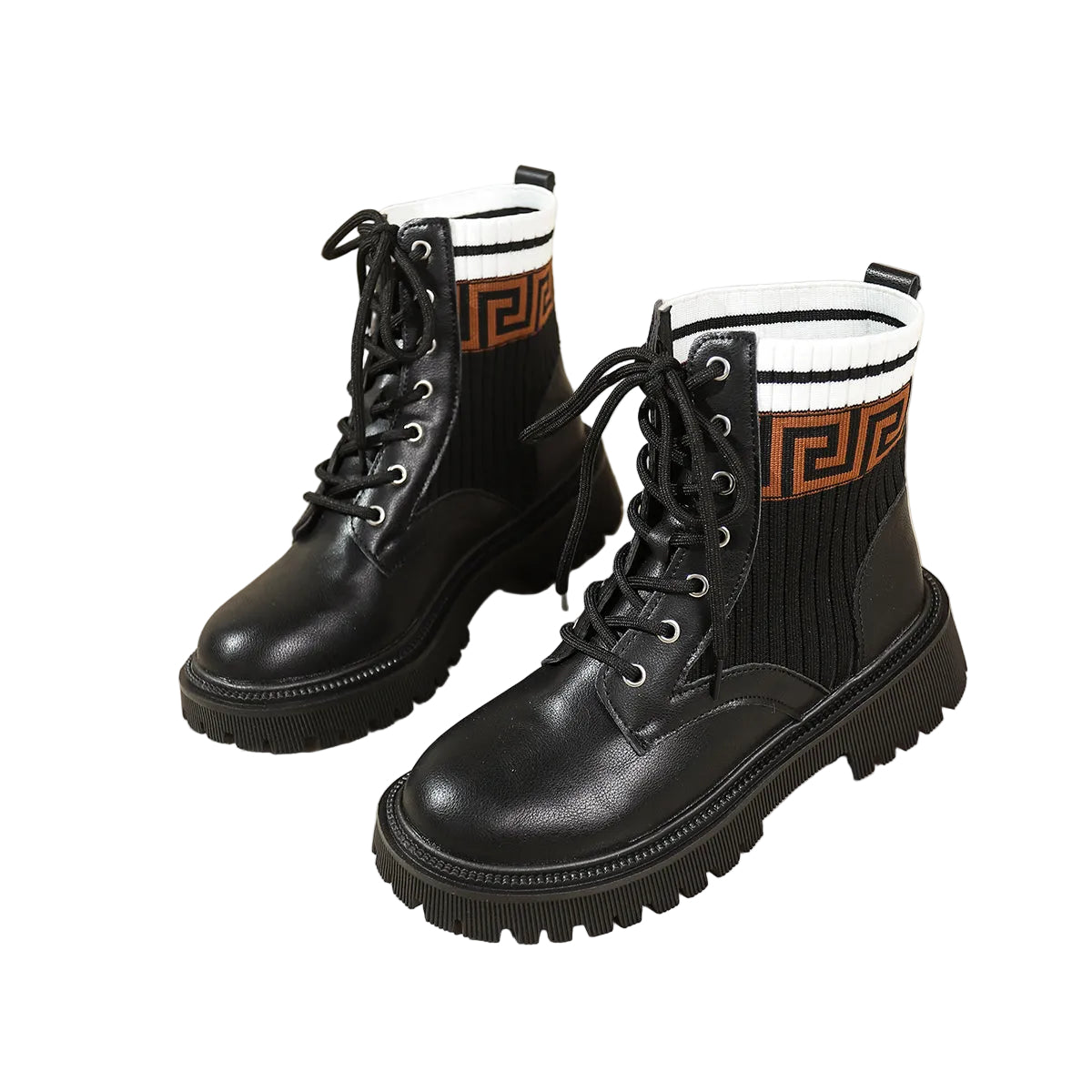 KNIT-TRIM LACE-UP BOOTS
