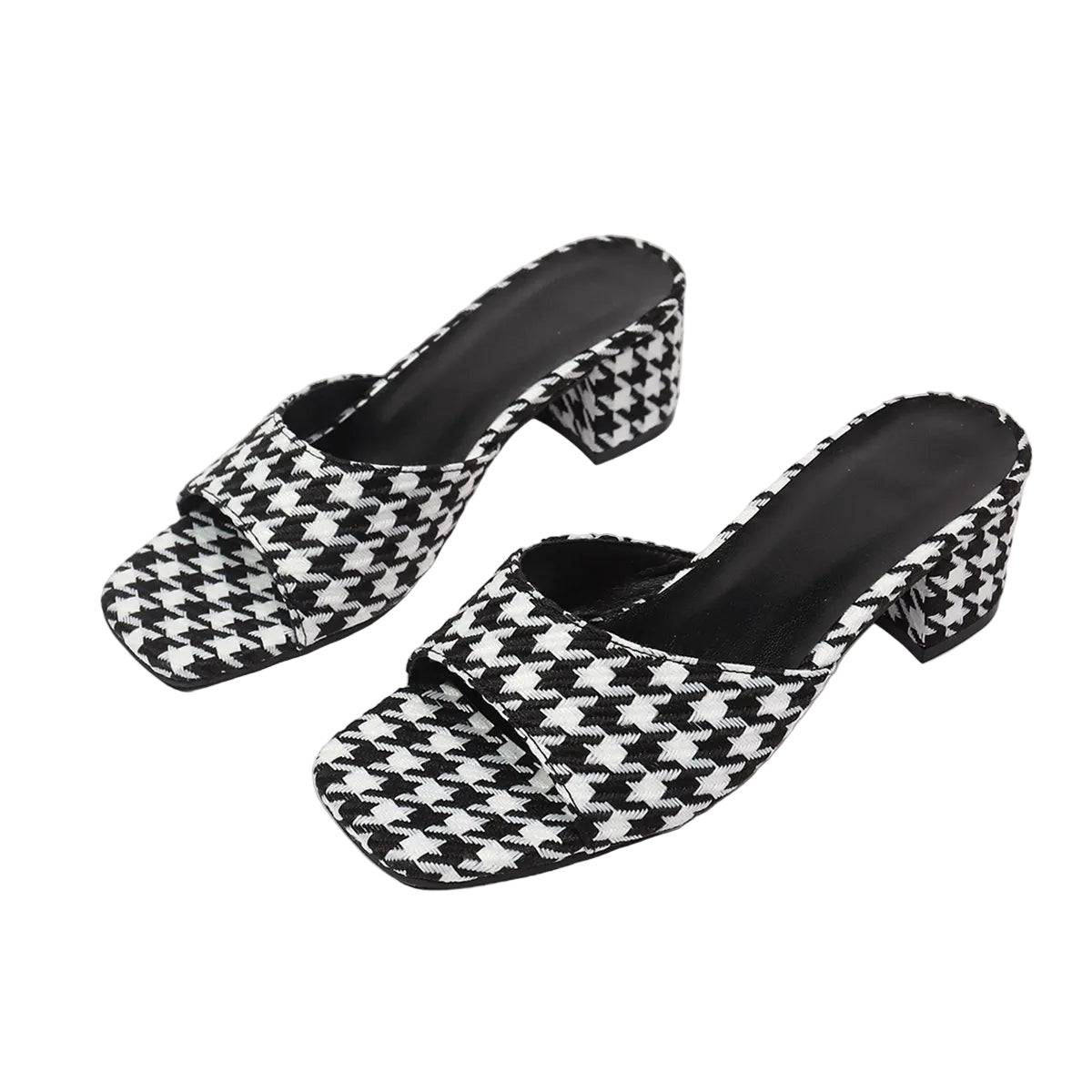 HOUNDSTOOTH SQUARE TOE BLOCK HEEL SANDALS