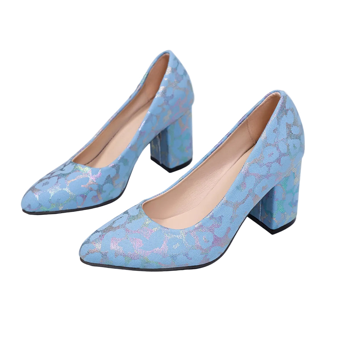 IRIDESCENT FLORAL BLOCK HEEL COURT SHOES