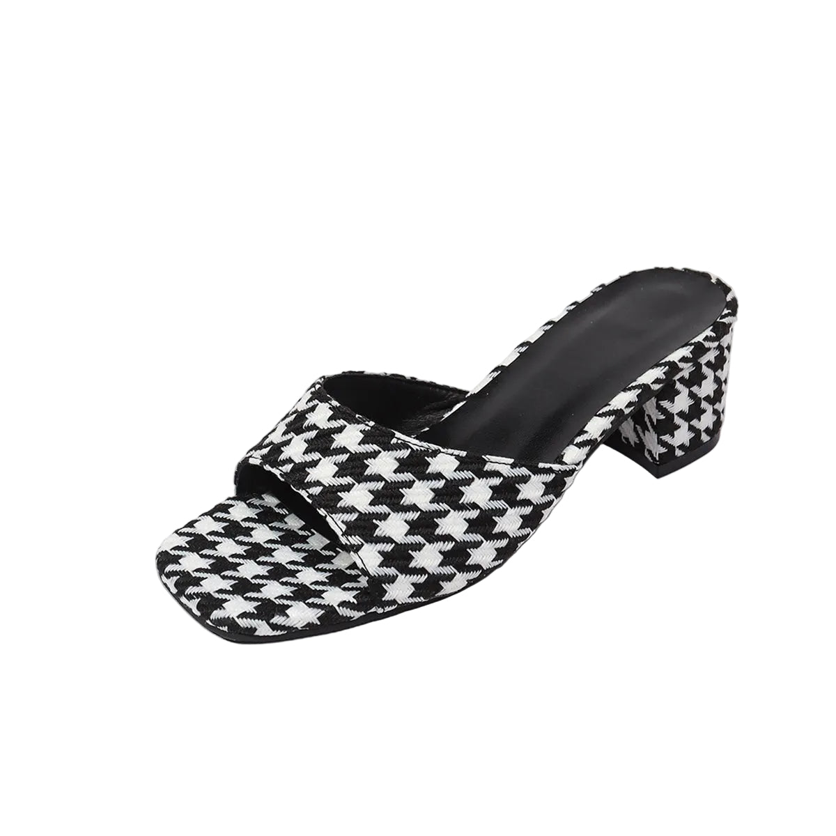 HOUNDSTOOTH SQUARE TOE BLOCK HEEL SANDALS