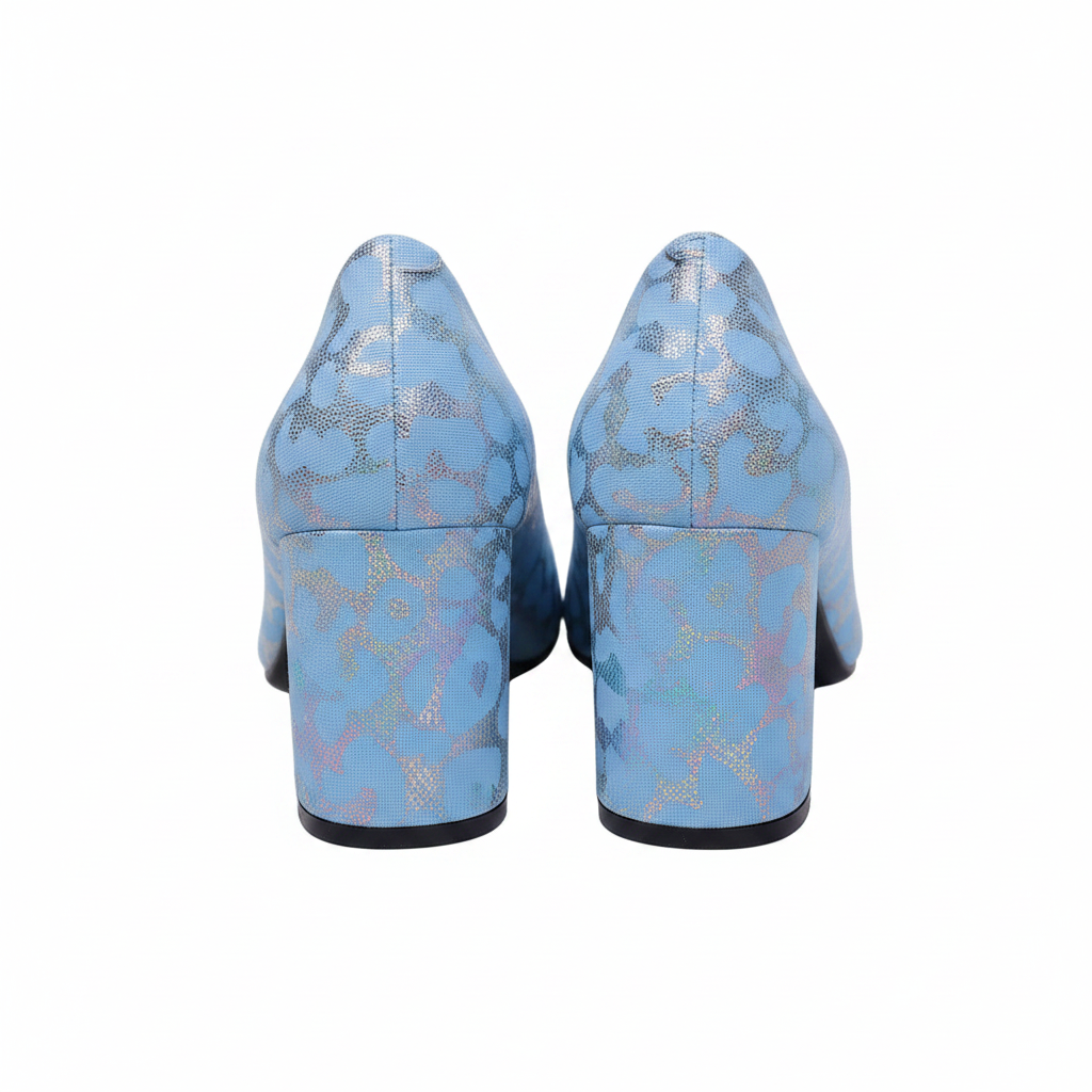 IRIDESCENT FLORAL BLOCK HEEL COURT SHOES