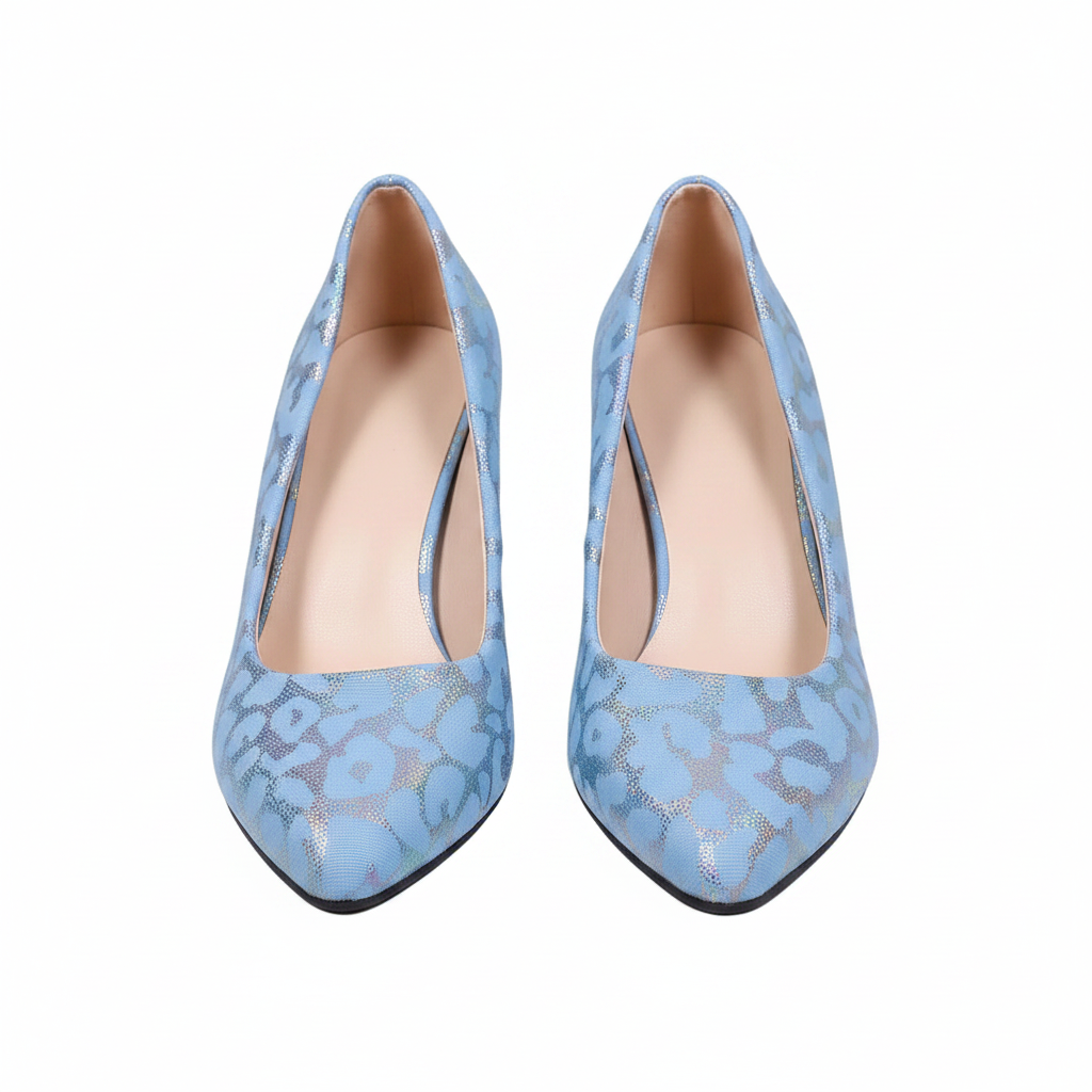IRIDESCENT FLORAL BLOCK HEEL COURT SHOES