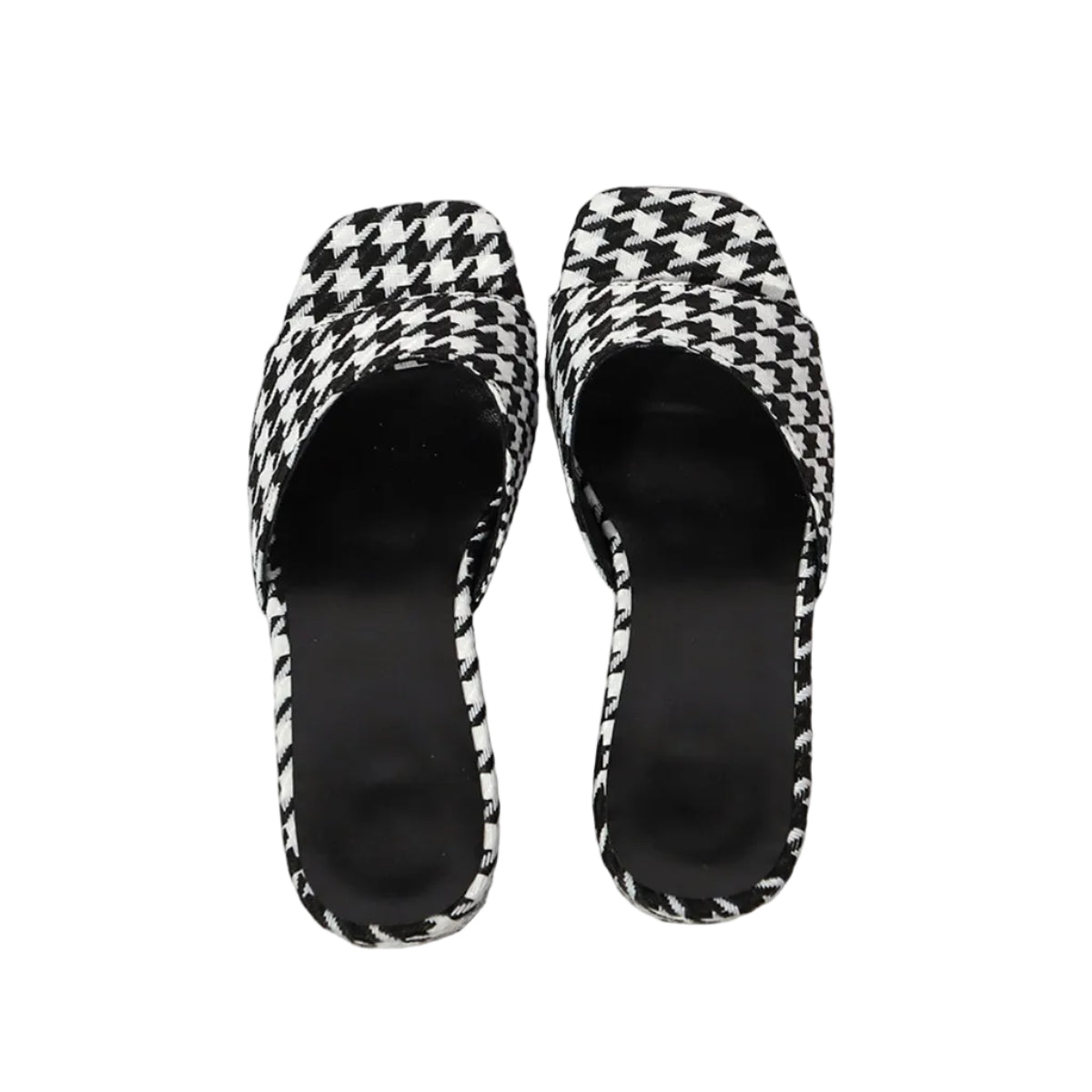 HOUNDSTOOTH SQUARE TOE BLOCK HEEL SANDALS