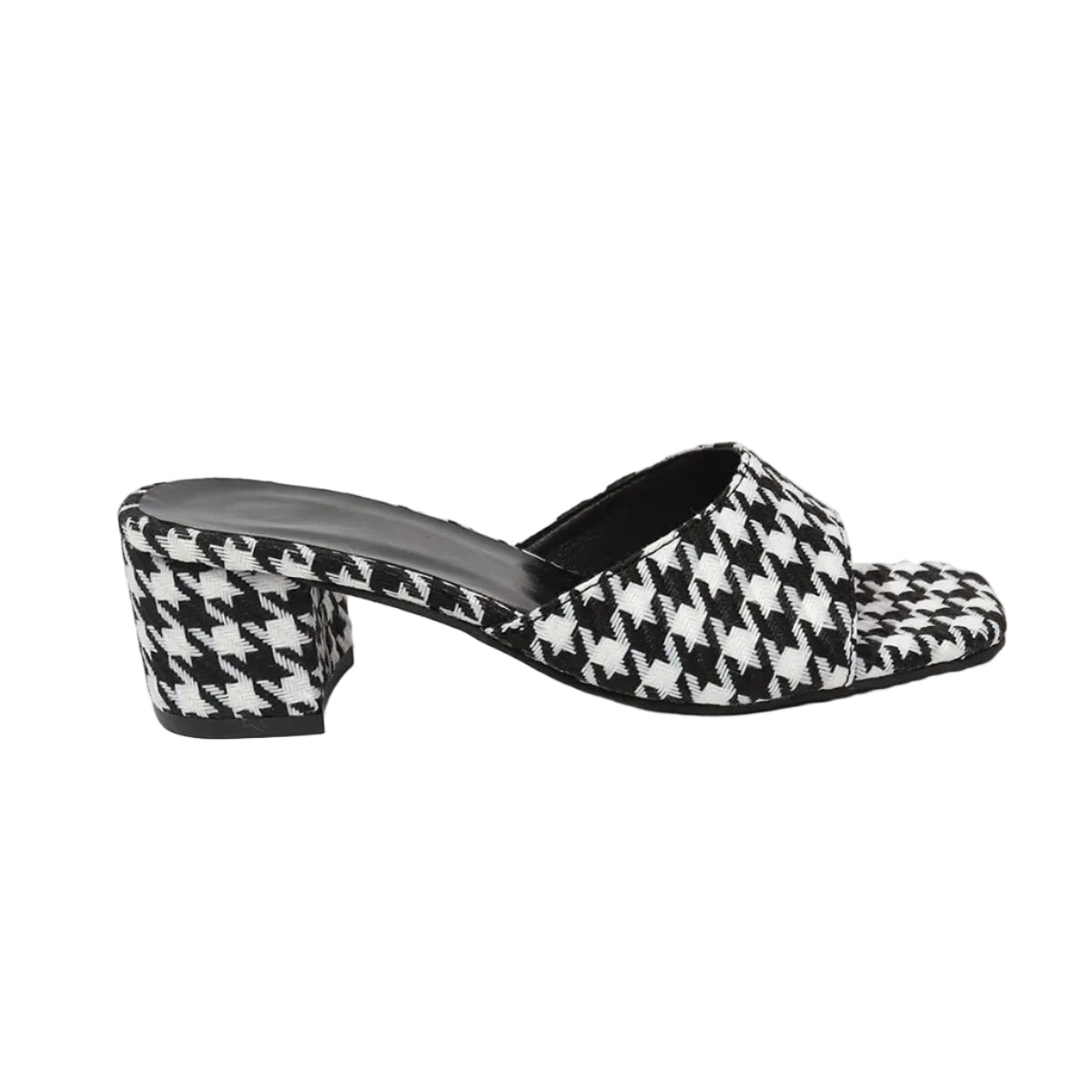HOUNDSTOOTH SQUARE TOE BLOCK HEEL SANDALS