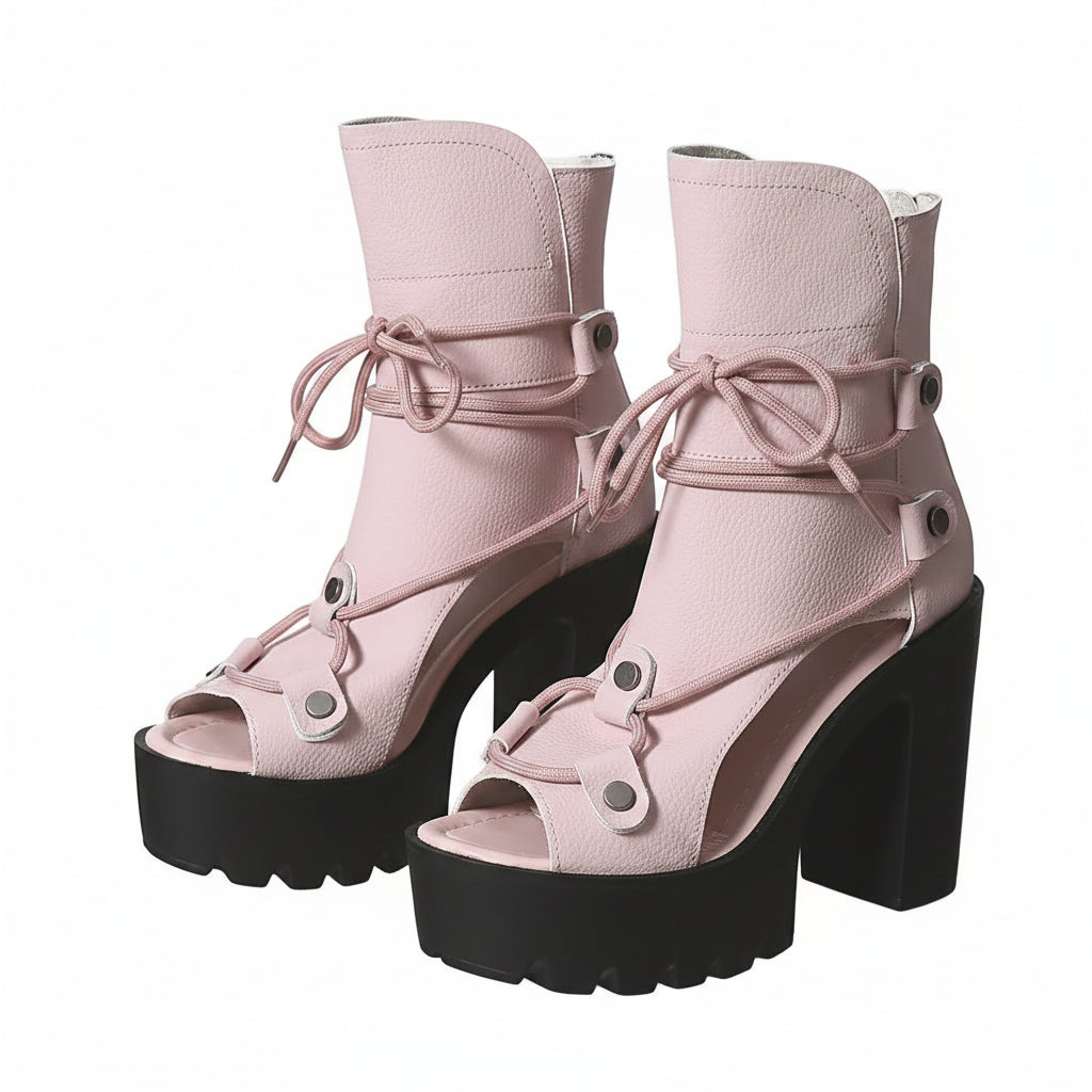 PLATFORM PEEP-TOE LACE-UP BOOTIES
