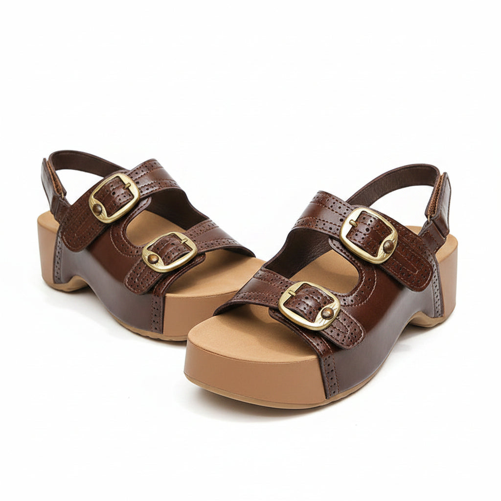 VINTAGE STYLE BUCKLED PLATFORM SANDALS