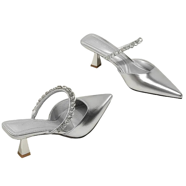 Women's Crystal Strap Flared Heel Mules
