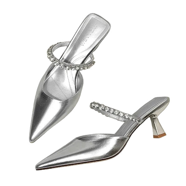 Women's Crystal Strap Flared Heel Mules
