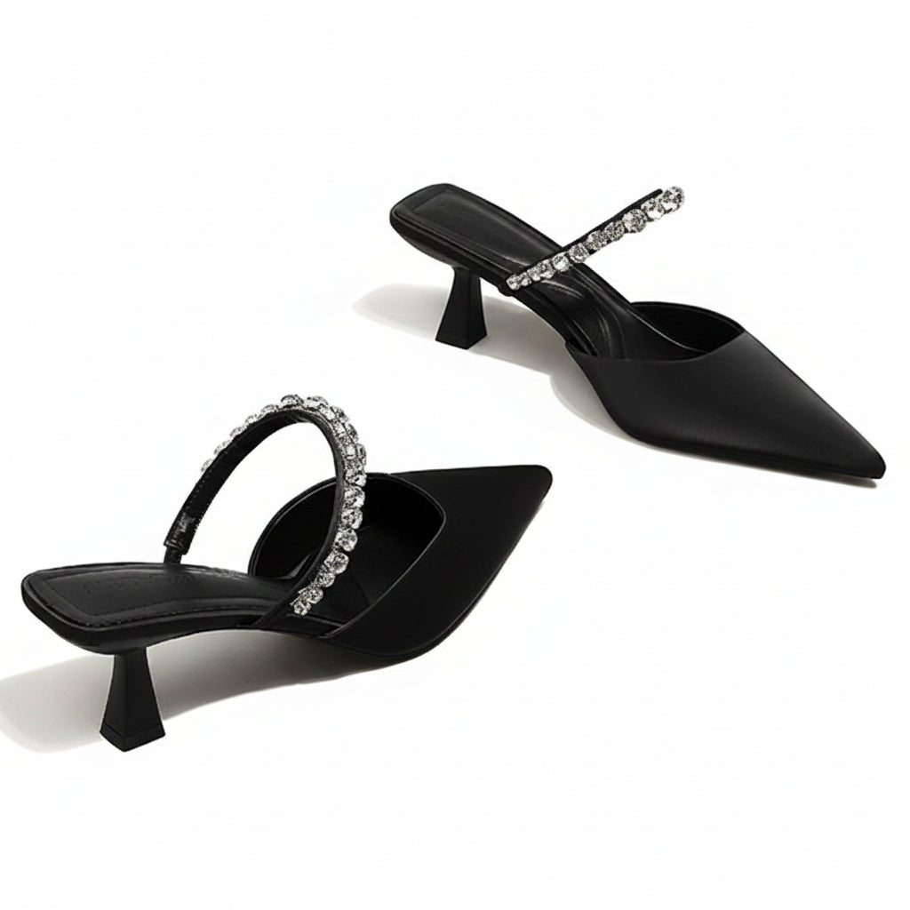 Women's Crystal Strap Flared Heel Mules