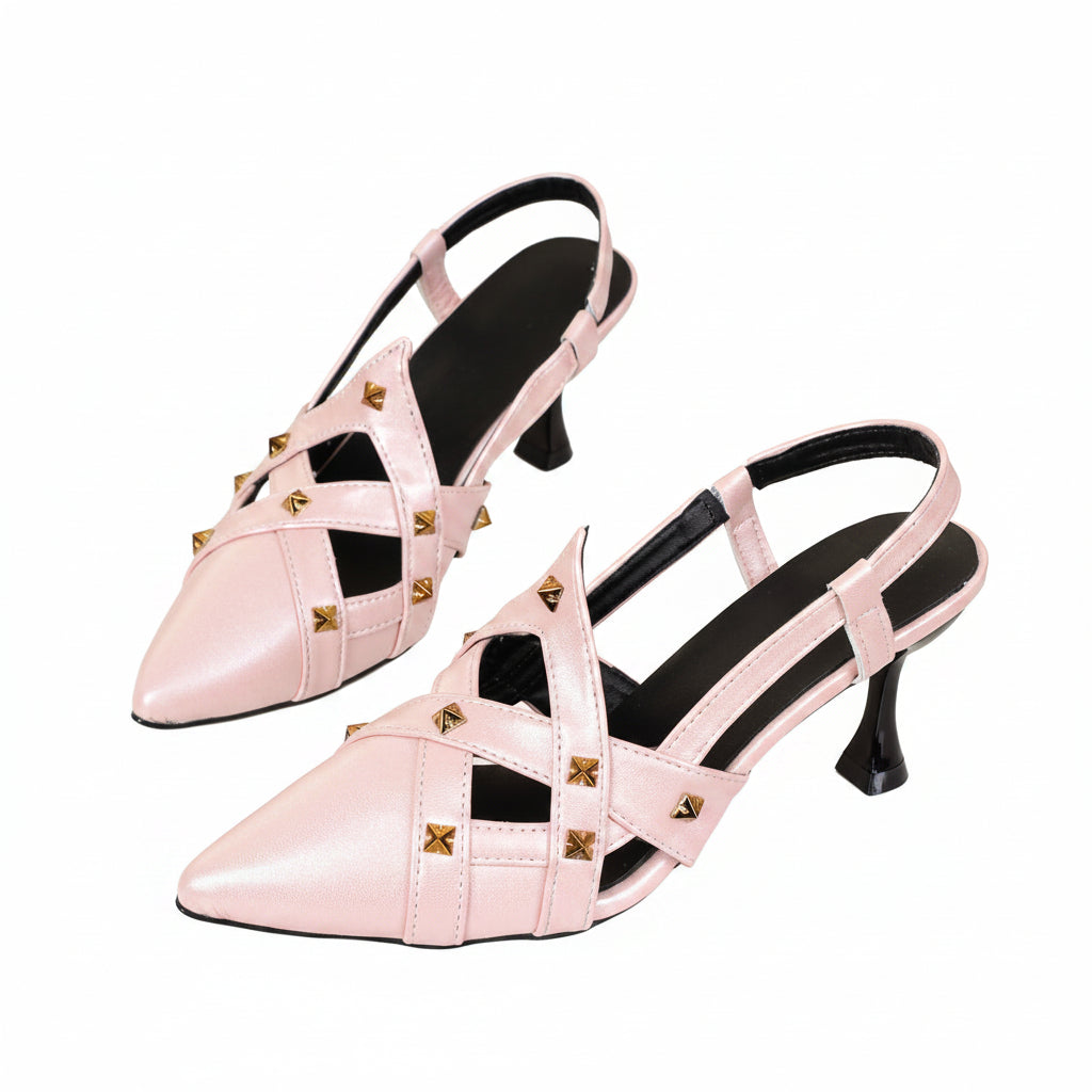 Women's Studded Pointed Toe Slingback Kitten Heels