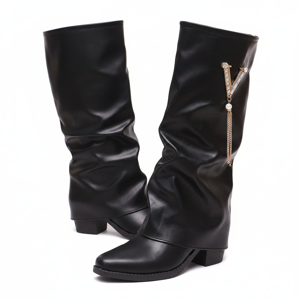 BLACK SLOUCHY MID CALF BOOTS