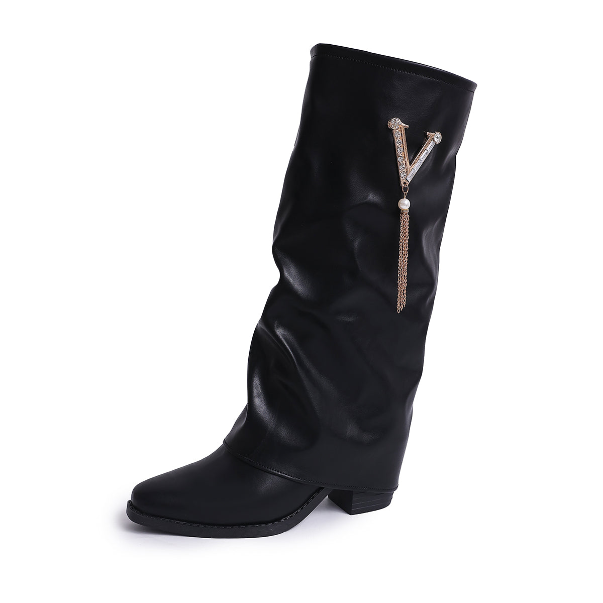 BLACK SLOUCHY MID CALF BOOTS