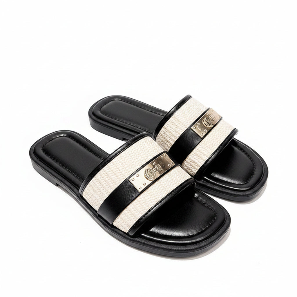WOVEN EFFECT SLIDE SANDALS