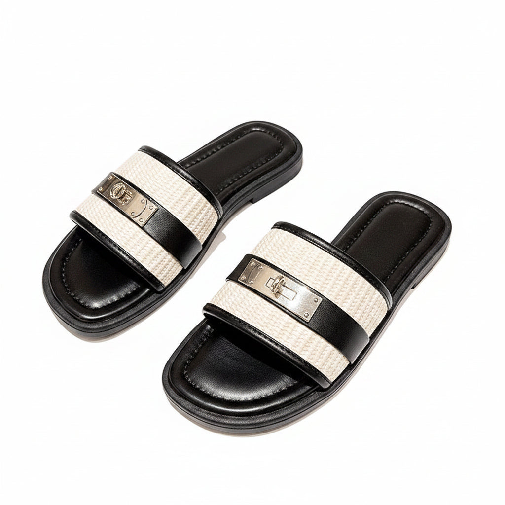 WOVEN EFFECT SLIDE SANDALS