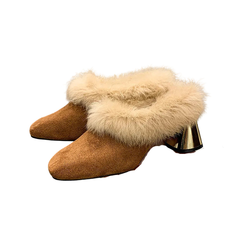 Women's Faux Fur Trim Mule Heels