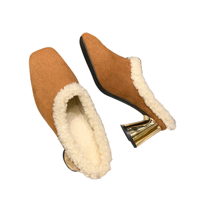 Women's Faux Suede Square Toe Mule Heels