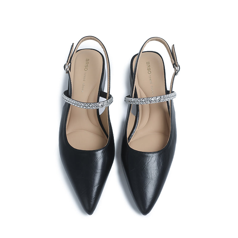 CRYSTAL STRAP POINTED TOE SLINGBACK BLOCK HEELS