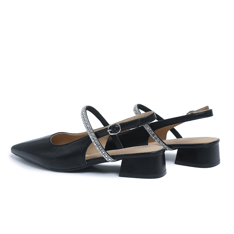 CRYSTAL STRAP POINTED TOE SLINGBACK BLOCK HEELS