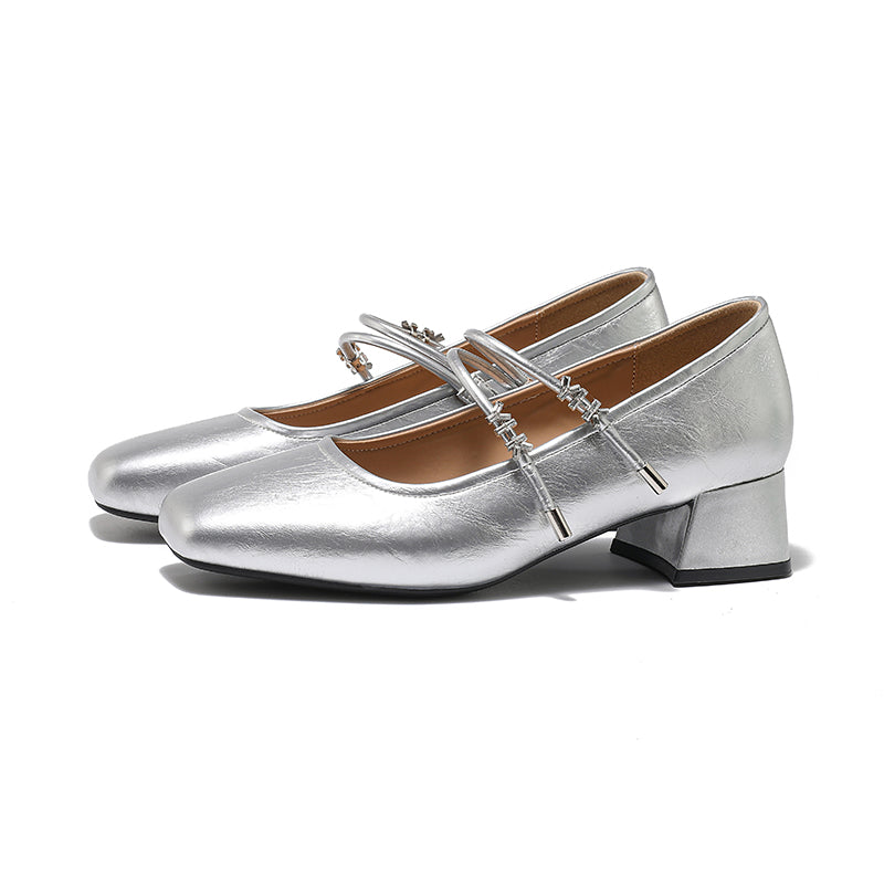 DOUBLE STRAP SQUARE TOE KITTEN HEELS