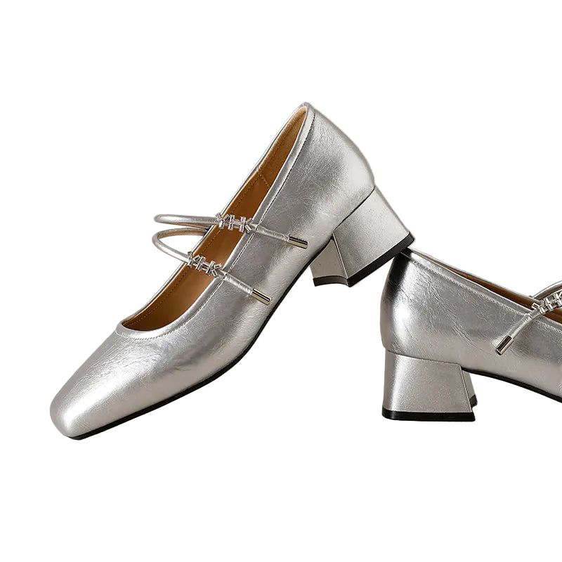 DOUBLE STRAP SQUARE TOE KITTEN HEELS