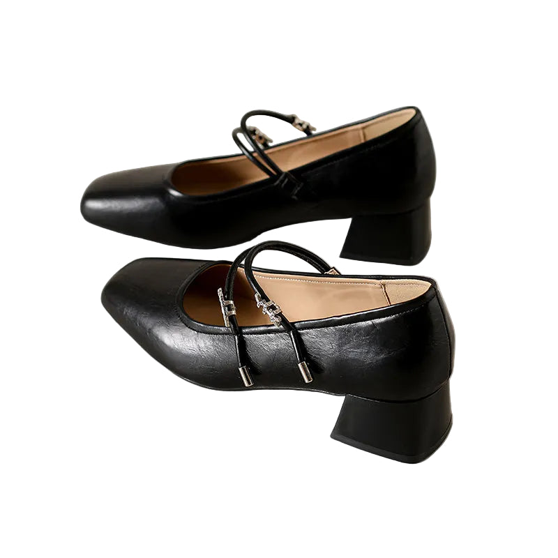 DOUBLE STRAP SQUARE TOE KITTEN HEELS