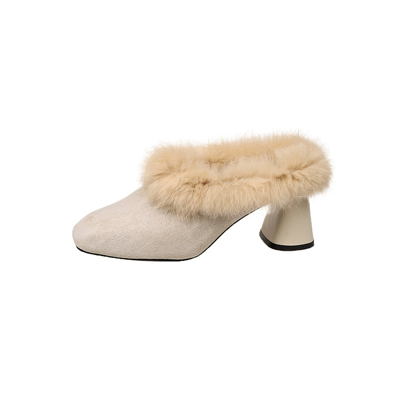Women's Faux Fur Trim Mule Heels