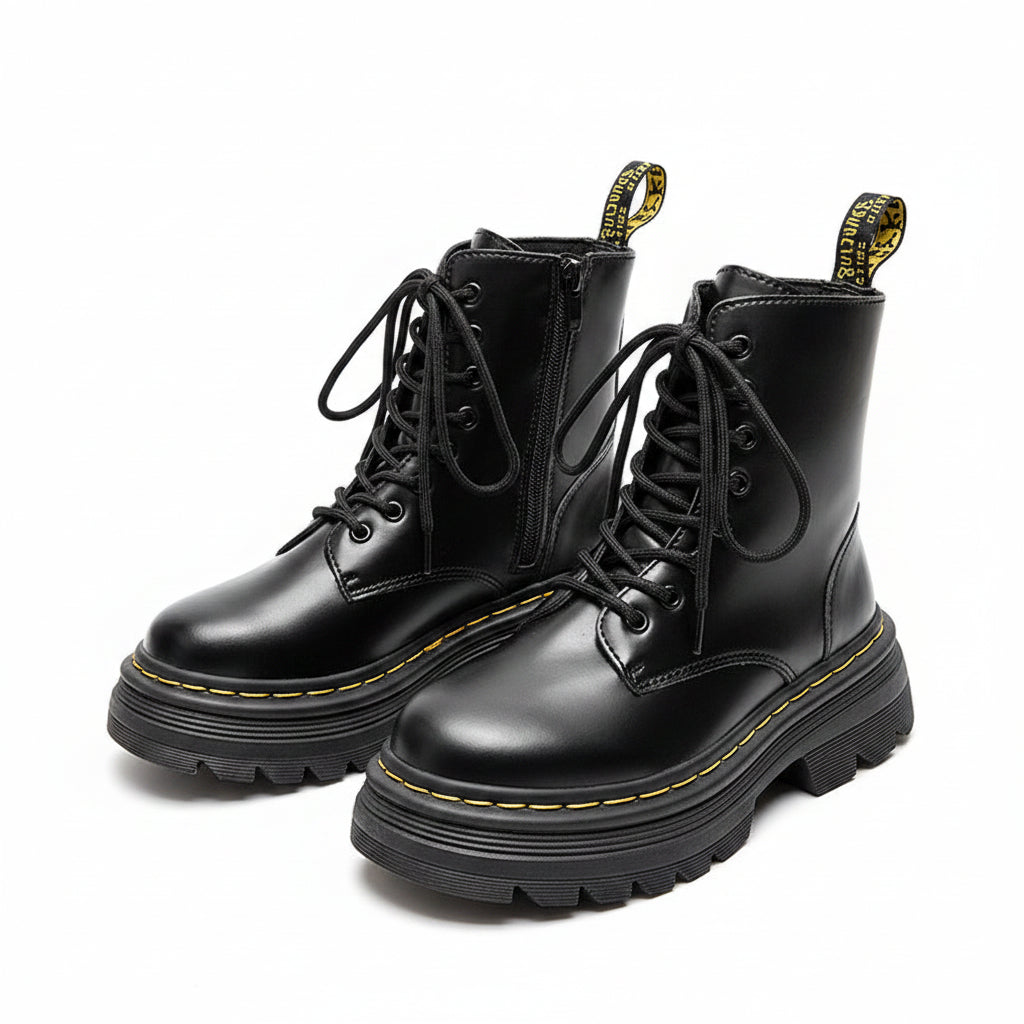 Women's Smooth Synthetic Leather Combat Boots