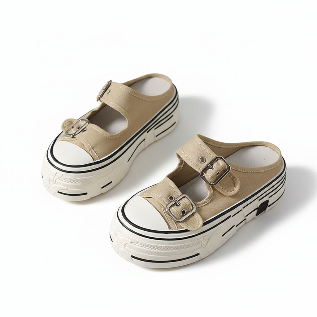 Women's Canvas Double Buckle Platform Mules