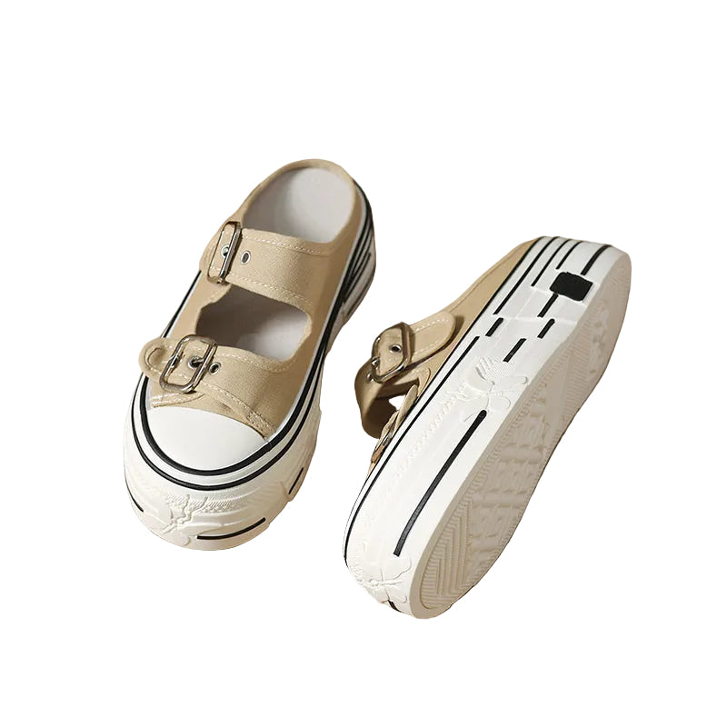 Women's Canvas Double Buckle Platform Mules
