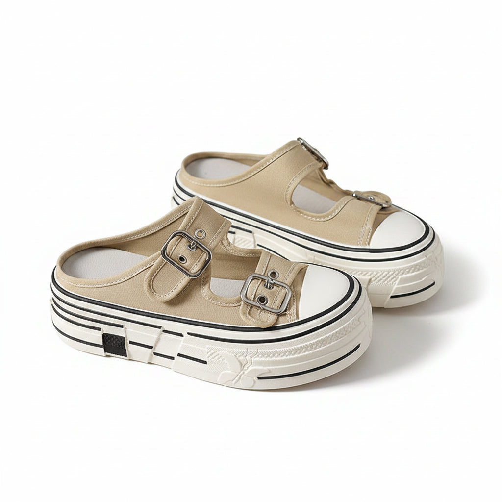 Women's Canvas Double Buckle Platform Mules