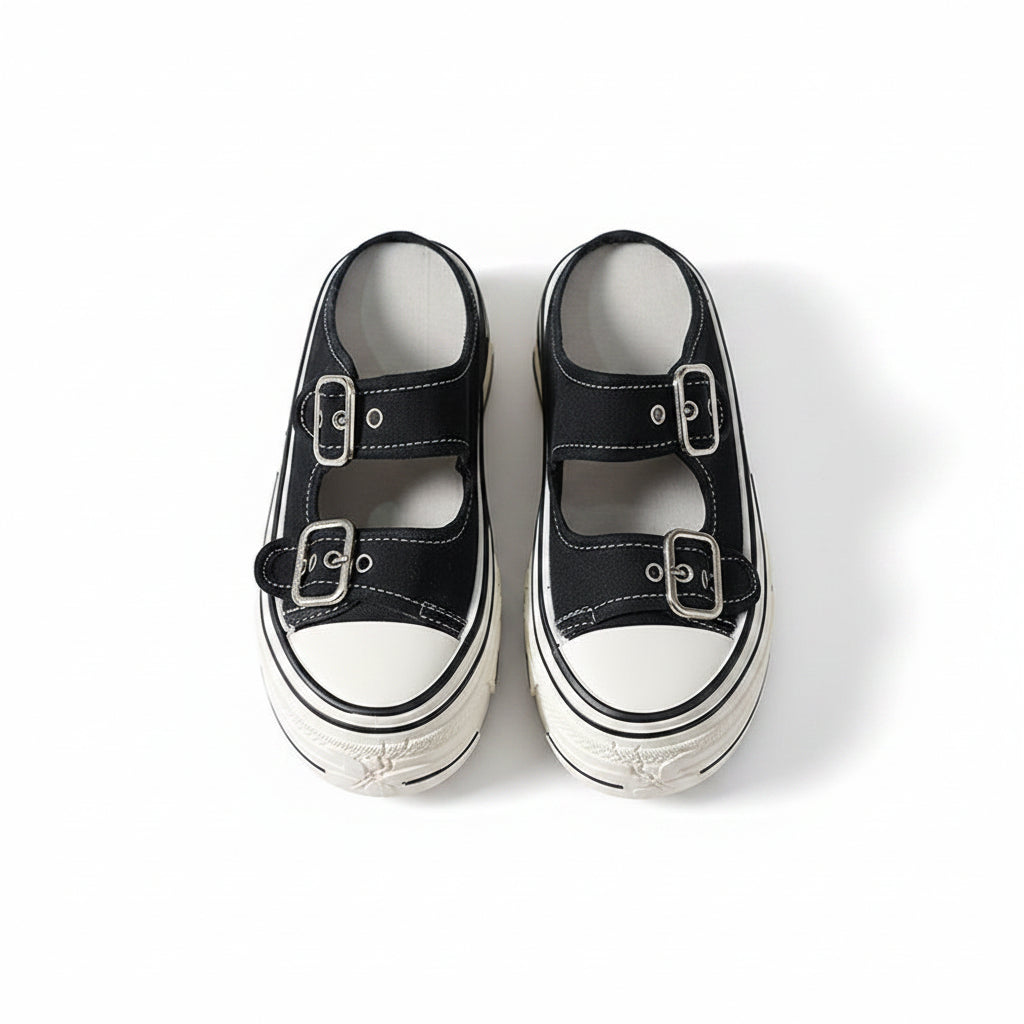 Women's Canvas Double Buckle Platform Mules