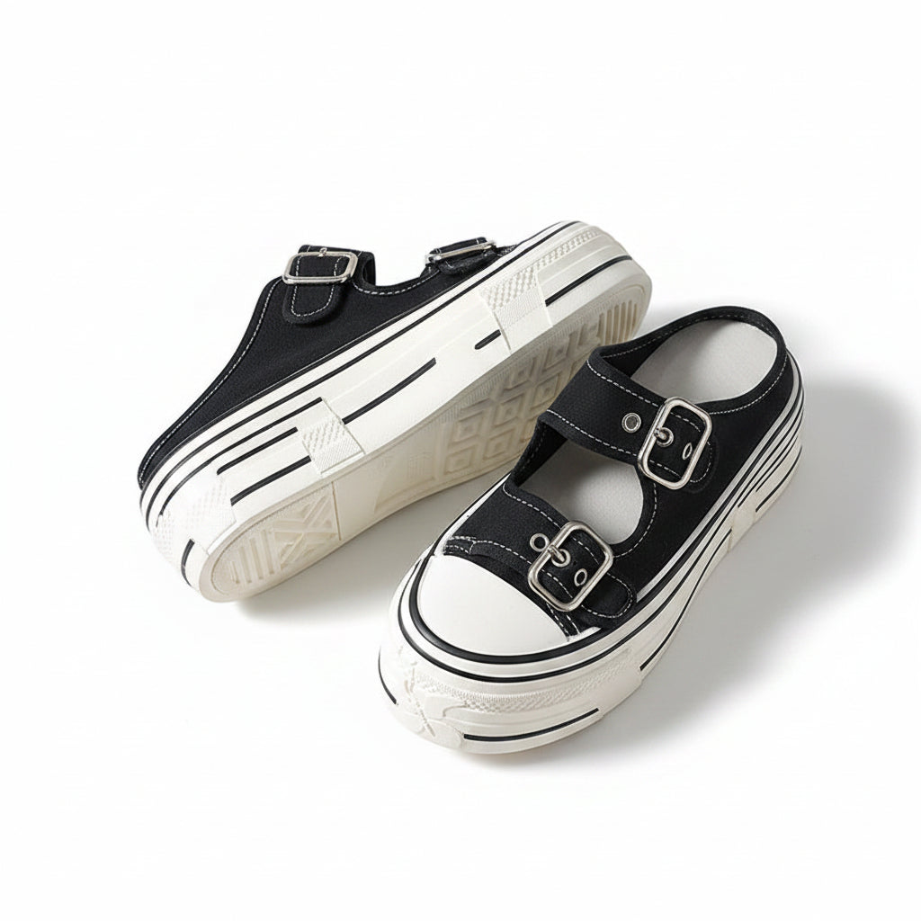 Women's Canvas Double Buckle Platform Mules