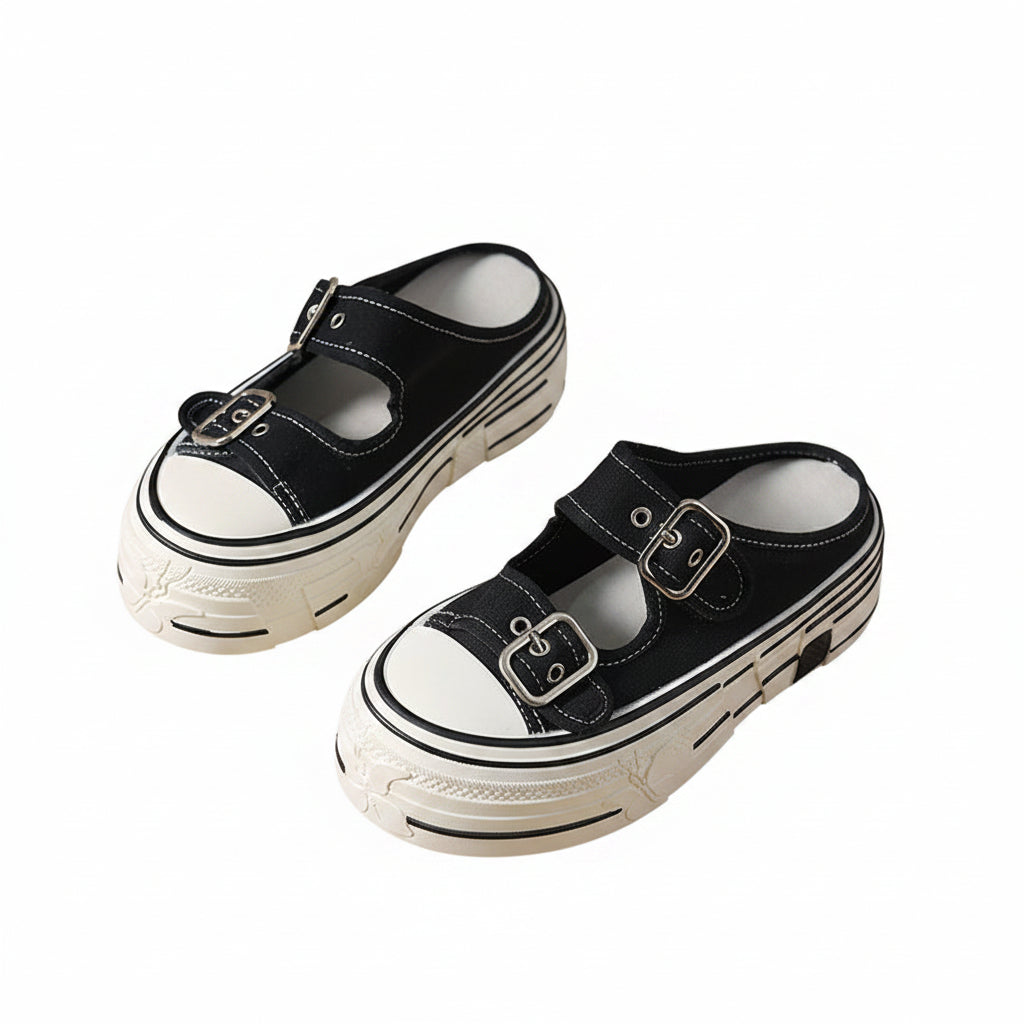 Women's Canvas Double Buckle Platform Mules