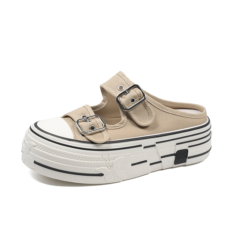 Women's Canvas Double Buckle Platform Mules