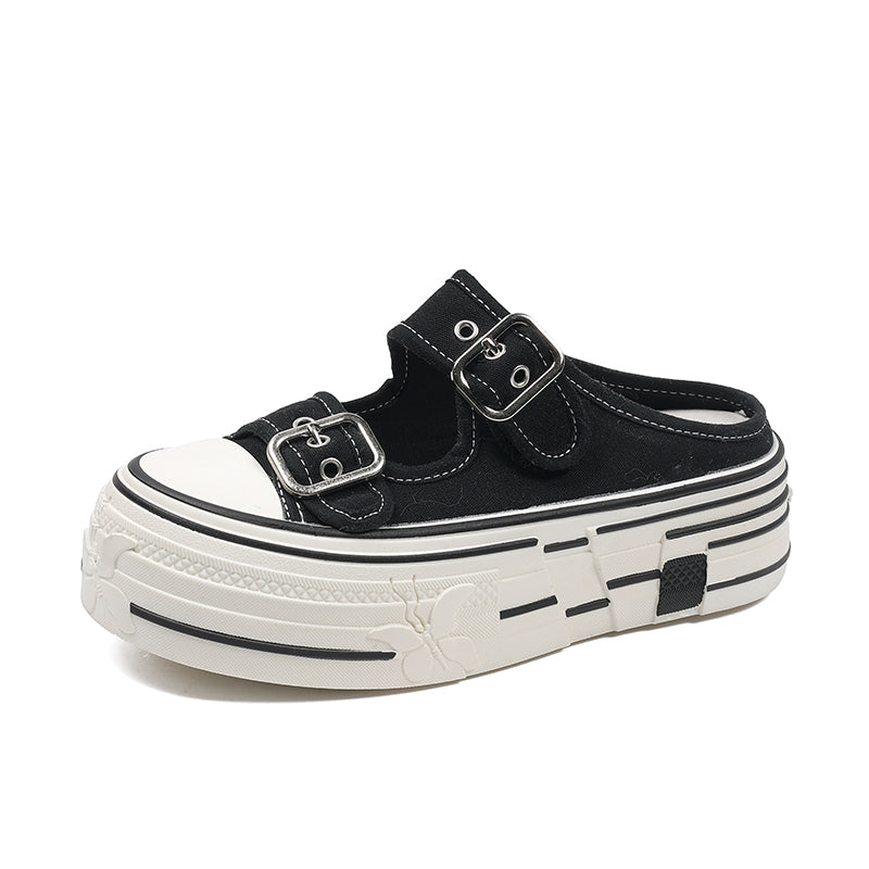 Women's Canvas Double Buckle Platform Mules