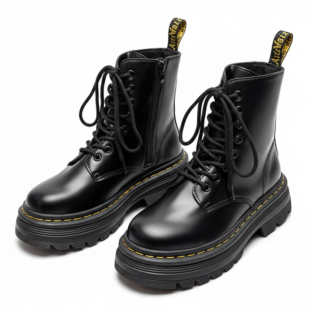 Women's Smooth Synthetic Leather Combat Boots
