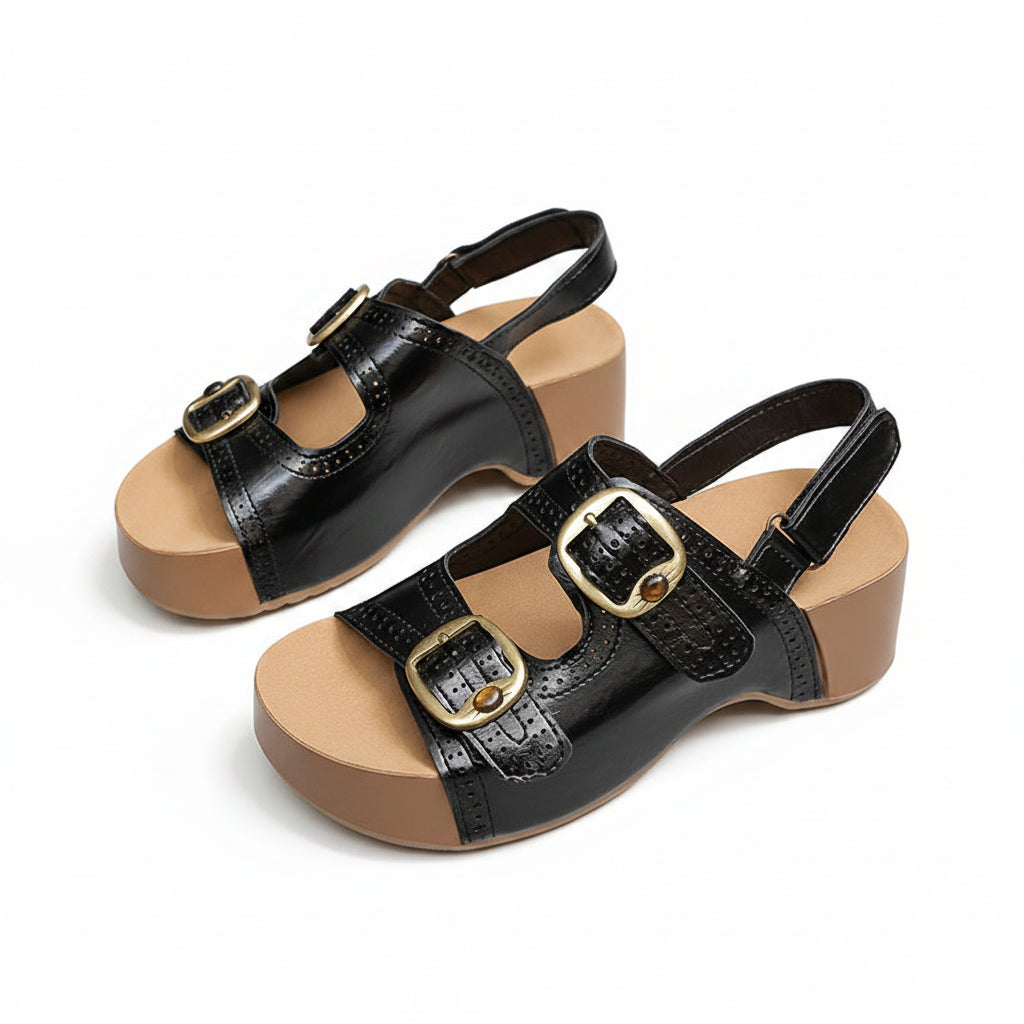 VINTAGE STYLE BUCKLED PLATFORM SANDALS